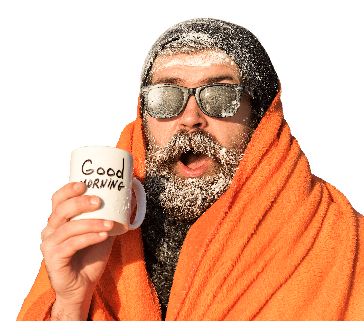 Image détourée d'un homme barbu, couvert de givre, avec un plaid orange, un bonnet noir, des lunettes de soleil et un mug indiquant Good Morning