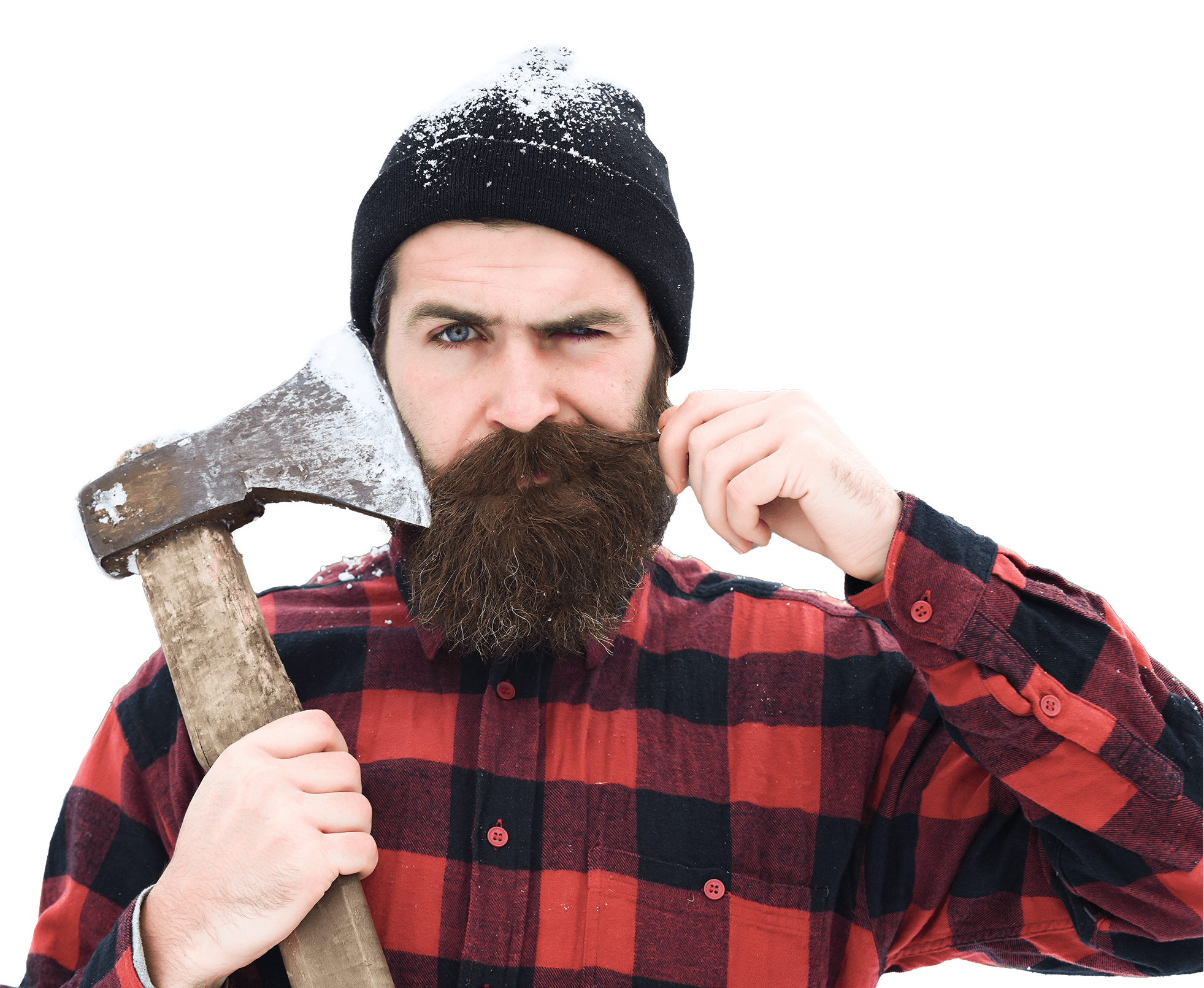 Homme barbu avec un bonnet noir et une chemise de bûcheron, tenant une hache et tirant la barbe comme pour se la tailler